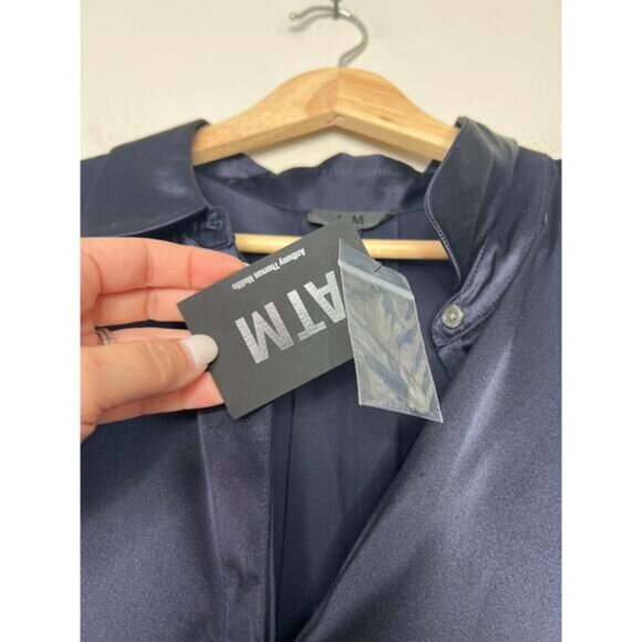 NEW ATM Silk Charmeuse Short Sleeve Camp Shirt in Blue Ink Size: Large - Picture 7 of 10